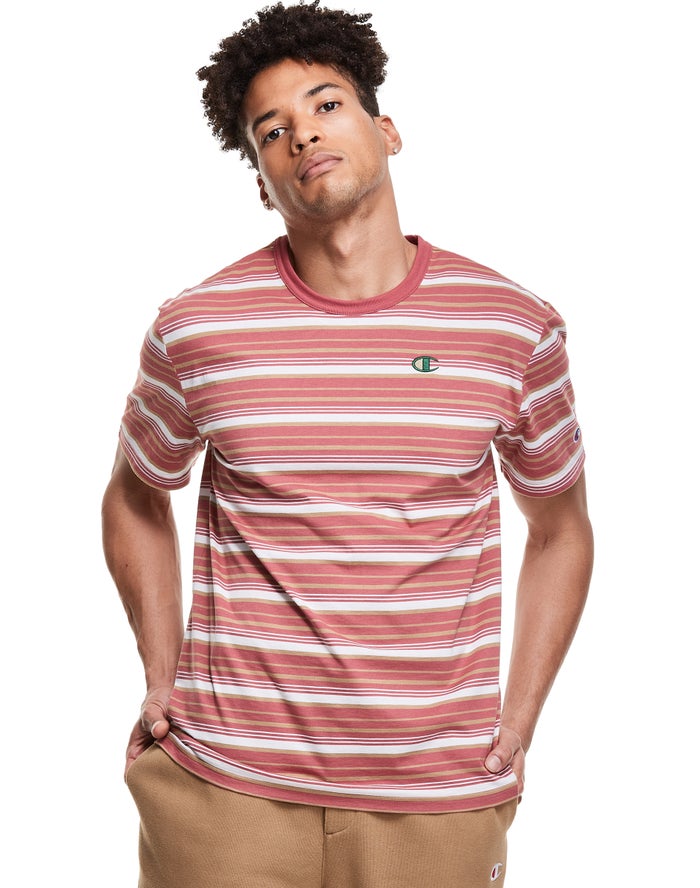 Camiseta Champion Hombre - Yarn-Dye Stripe C Logo ( Coral/Blancas ) 5137068-SV